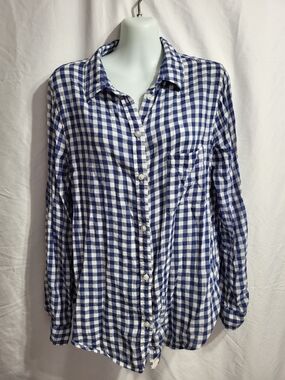 American Eagle Outfitters Navy and White Gingham Button-Down, Size Large